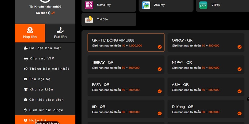 Nạp tiền U888 được hệ thống hỗ trợ nhiều phương thức khác nhau